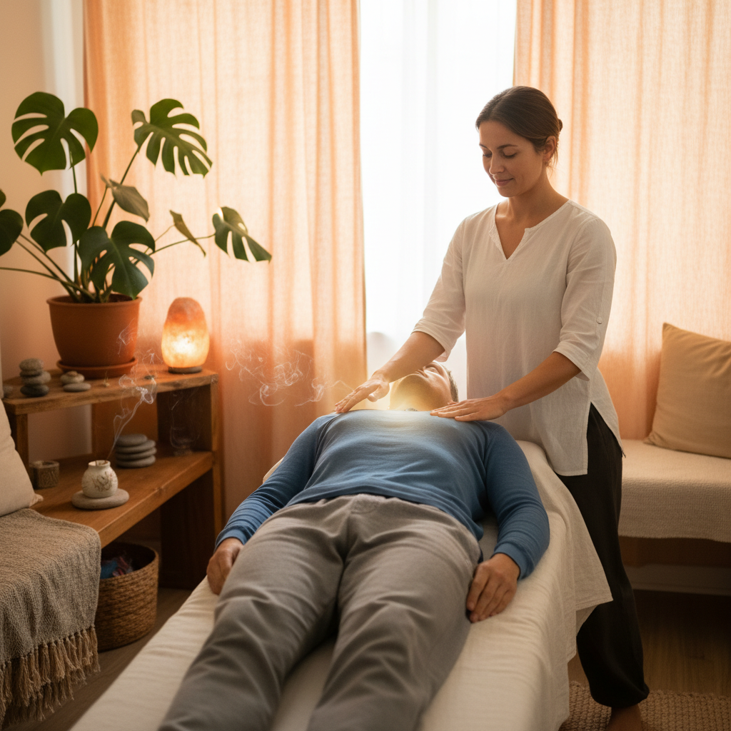 A gentle bodywork or energy healing session with a fully clothed client lying on a treatment table in a peaceful softly lit room.